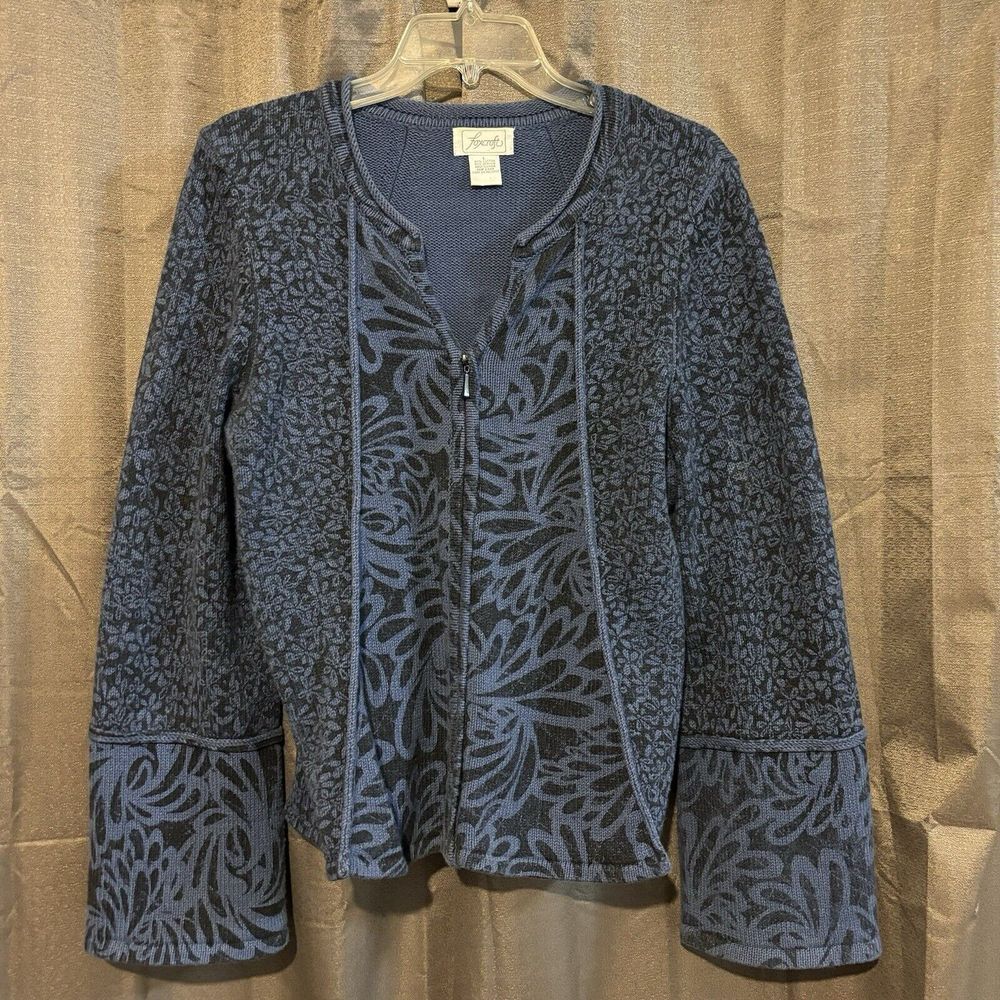Foxcroft Zipper Cardigan Sweater Blue Floral Bell Sleeve Womens Size Large
